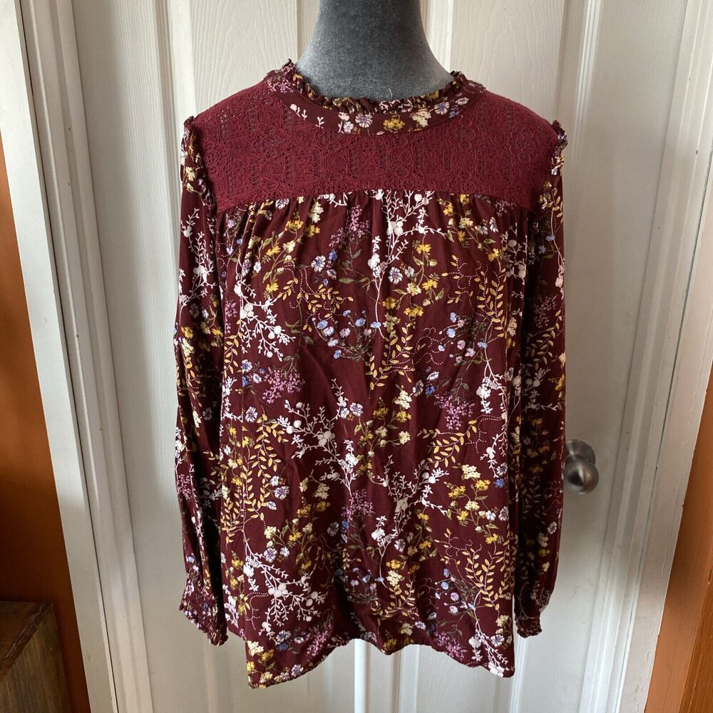 Hem & Thread Blouse Women’s Size L Floral Lace Burgundy Balloon Sleeve Keyhole